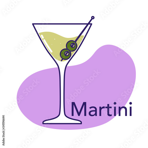Alcoholic cocktail - martini with olive isolated on white background. Vector illustration