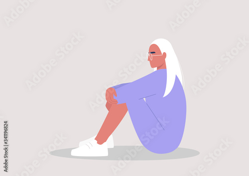 Young female character embracing their knees, emotional stress, mental health