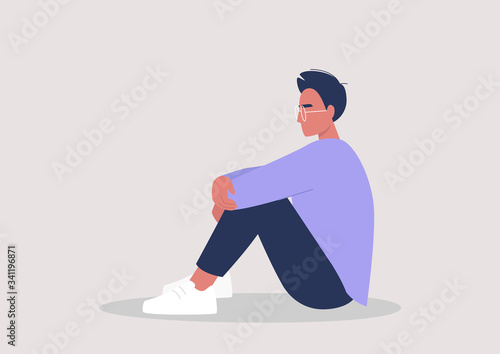 Young male character embracing their knees, emotional stress, mental health