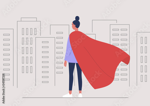 Superhero conceptual illustration, Young female character wearing a red cape