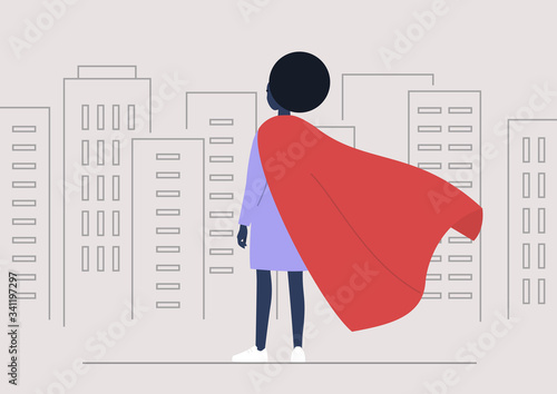 Superhero conceptual illustration, Young black female character wearing a red cape