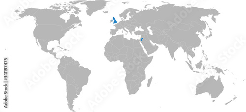 Fototapeta Naklejka Na Ścianę i Meble -  Jordan, United Kingdom countries highlighted on world map. Light gray background. Business concepts, diplomatic, trade, transport relations.