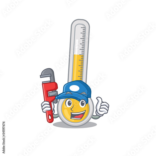 Warm thermometer Smart Plumber cartoon character design with tool