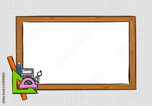 Template for school educational project or photo frame. White School board on a background of a notebook sheet in a box. School icons drawn by hand in doodle style. Vector Screensaver.