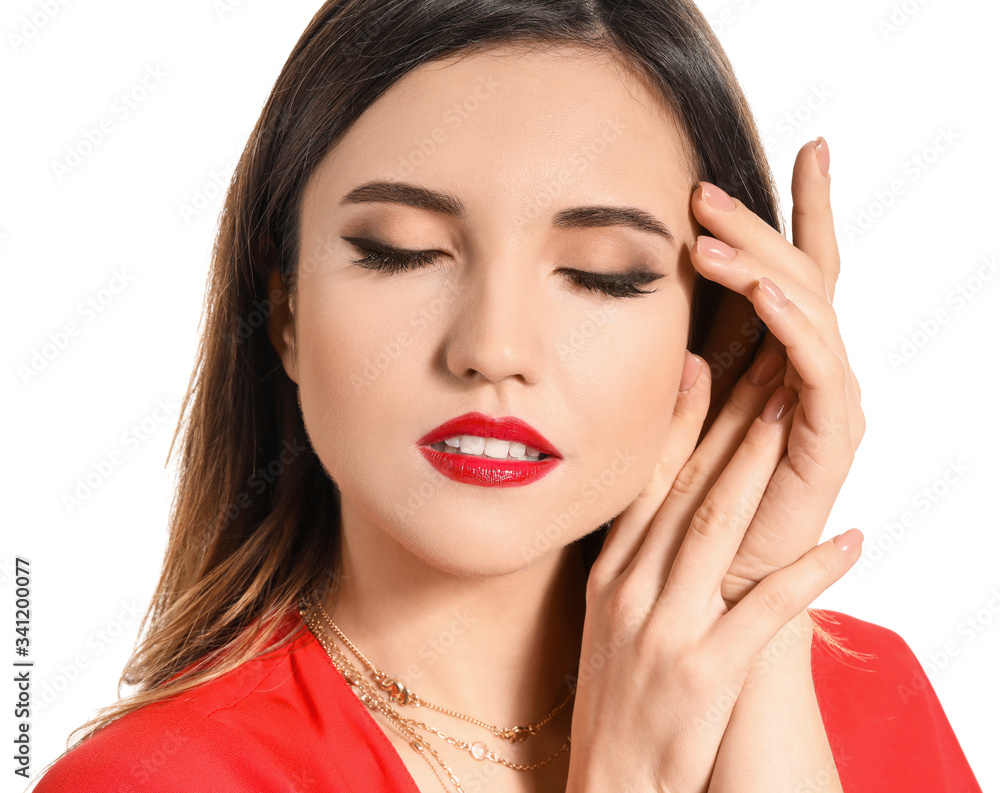 Beautiful young woman with bright lipstick on white background Beautiful young woman with bright lipstick on white background