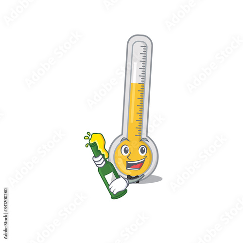 Mascot character design of warm thermometer say cheers with bottle of beer