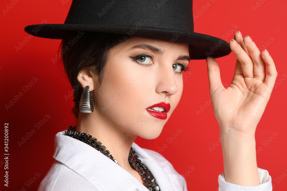 Fashionable young woman on color background Fashionable young woman on color background