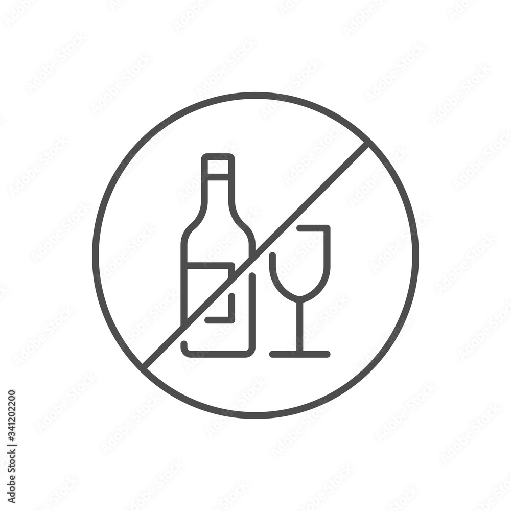 No alcohol sign related vector thin line icon. Bottle of wine and a glass in prohibitory sign. Isolated on white background. Editable stroke. Vector illustration.