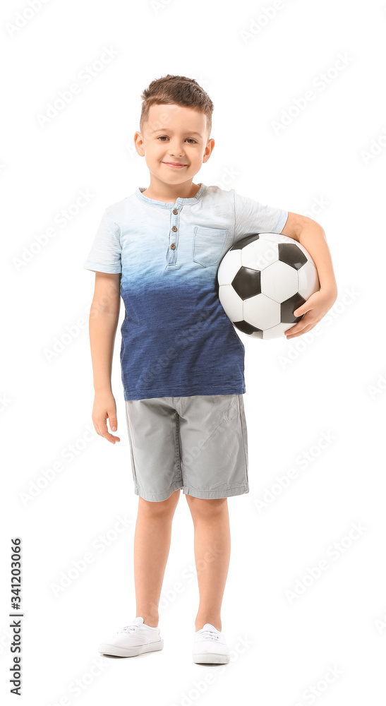 Cute little boy with soccer ball on white background