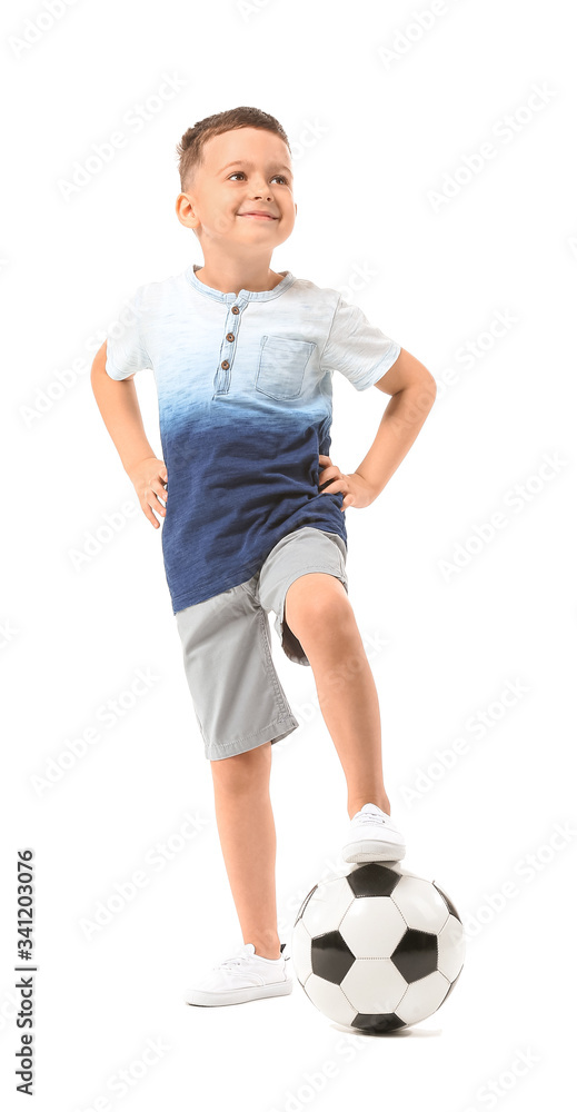 Cute little boy with soccer ball on white background