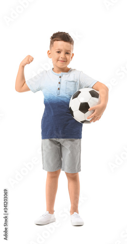 Cute little boy with soccer ball on white background © Pixel-Shot