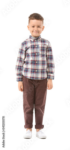 Cute little boy on white ba...