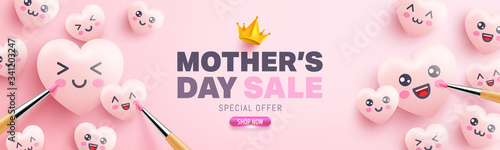 Mother's Day Sale Poster with cute hearts and cartoon emoticon painting on pink background.Promotion and shopping template or background for Love and Mother's day concept.Vector illustration eps 10