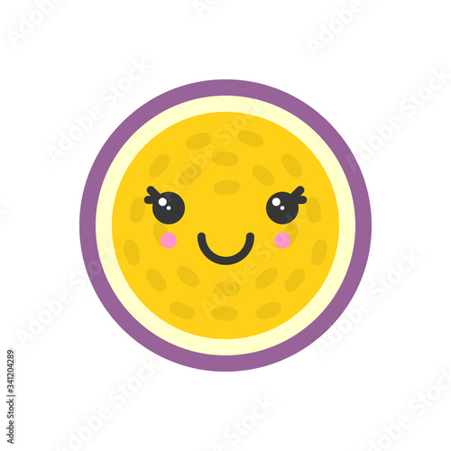 Cute smiling exotic passion fruit. Kawaii fruit character. Isolated colorful vector icon