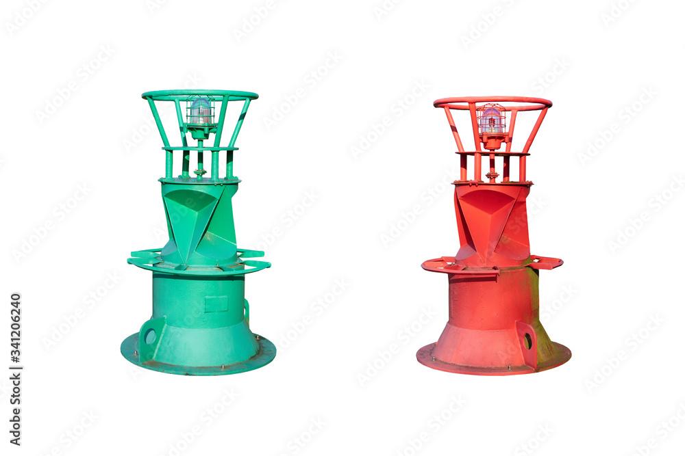 A red and a green light buoy isolated against a white background. The buoys are equipped with a
