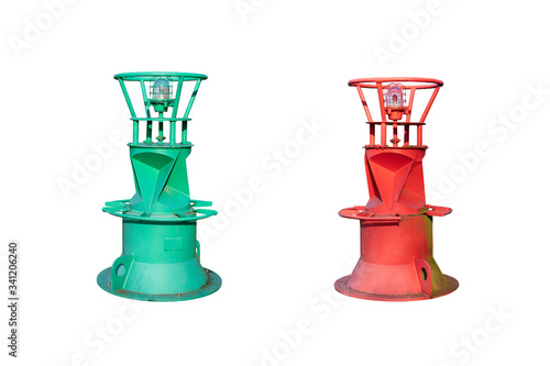 A red and a green light buoy isolated against a white background. The buoys are equipped with a flashing light at the top. The large buoys are suitable for sea and ocean waterways. photo