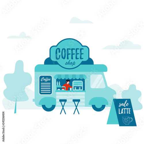 Food Truck CarnivalTemplate. Food truck festival menu. Street Coffee shop. Coffee bar. Vector flat concept