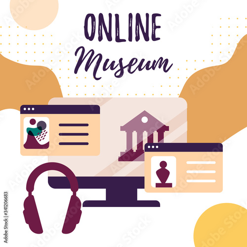 Interactive museum exhibition. Virtual Museum and art galleryTours. Online Tours. Exhibits Online. Vector flat concept.