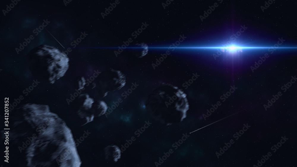 asteroids and sun in space
