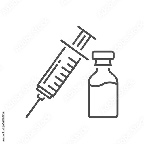 Vaccine related vector thin line icon. Syringe and container with vaccine. Isolated on white background. Editable stroke. Vector illustration.