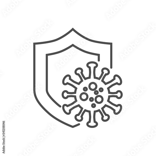 Coronavirus Protection related vector thin line icon. Shield protects against coronavirus. Isolated on white background. Editable stroke. Vector illustration.