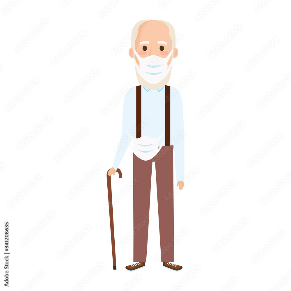 old man using face mask with walking stick vector illustration design