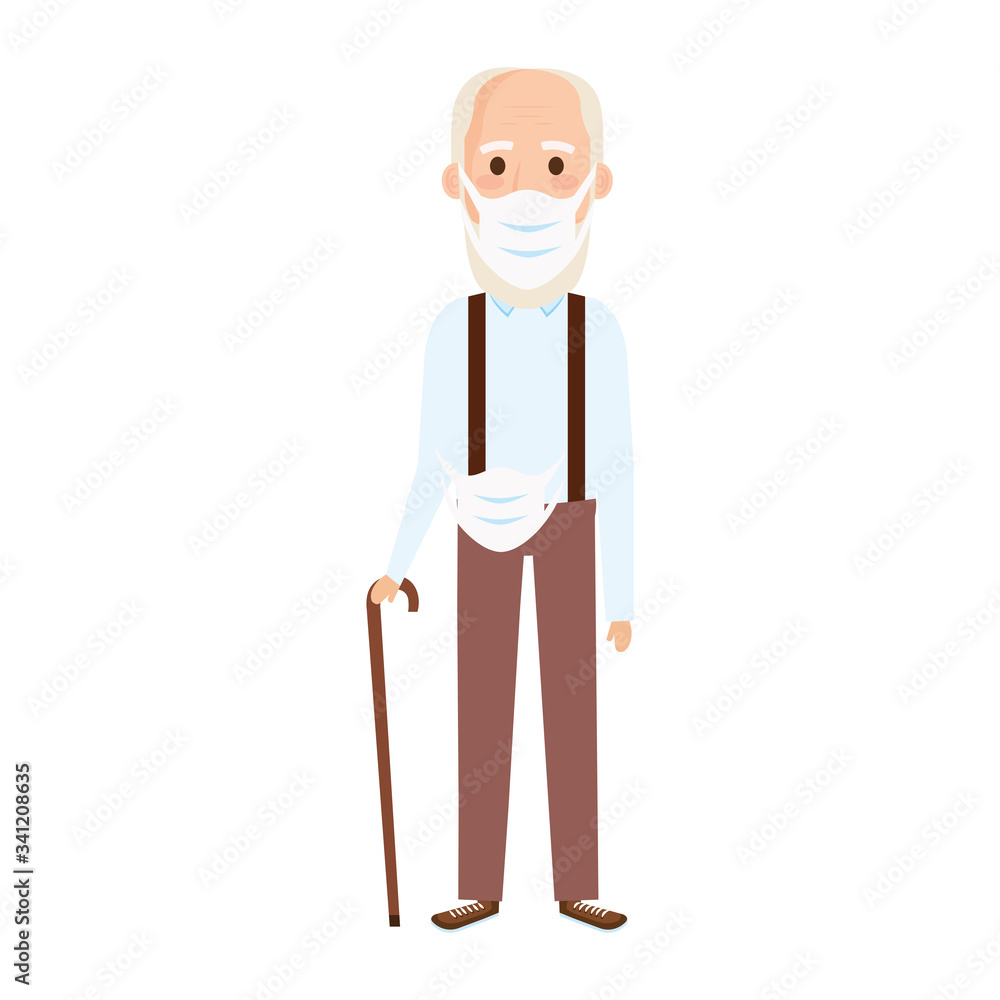 old man using face mask with walking stick vector illustration design old man using face mask with walking stick vector illustration design