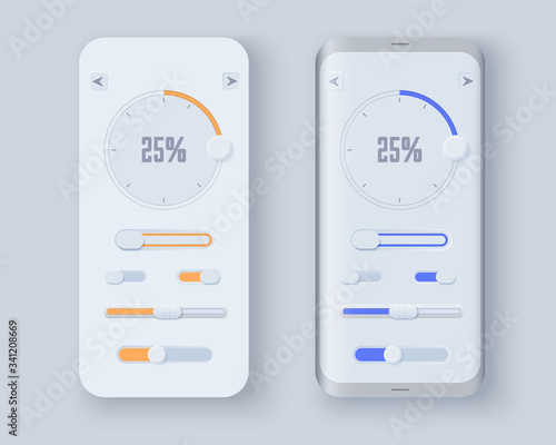 Neumorph UI kit on sample smartphone screen. Volume Knob with slider bar and switches. Light color set. Skeuomorph Trend Design. Workflow UX smart technology applications. Vector illustration.