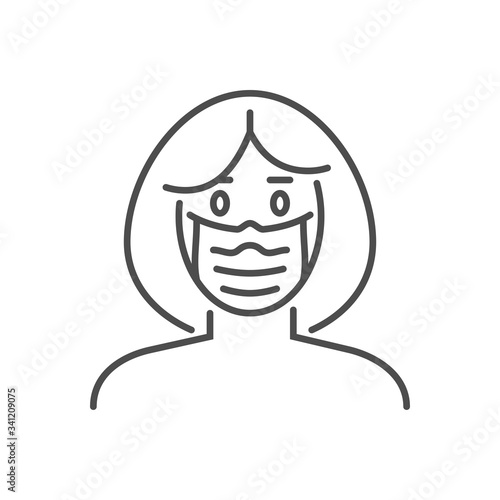 Woman wit medical mask related vector thin line icon. Isolated on white background. Editable stroke. Vector illustration.