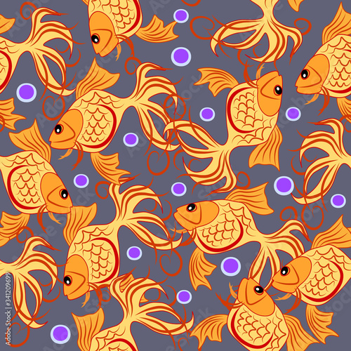 Golden fish abstract seamless pattern. © Svitlana