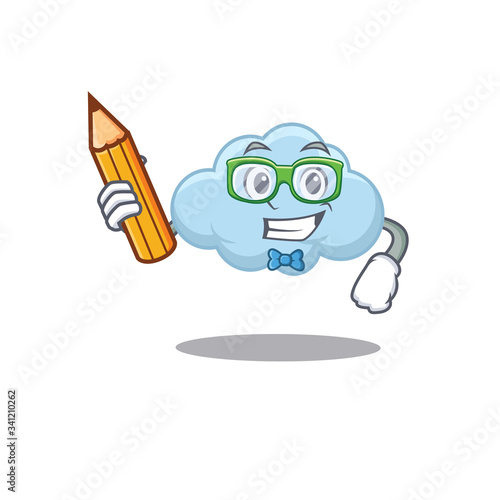 A brainy student blue cloud cartoon character with pencil and glasses