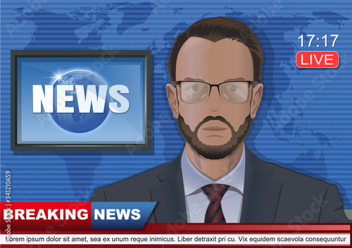 Breaking news concept design with bearded TV presenter. News anchor in the studio of the TV channel. Anchorman on TV. Trendy modern bearded man with glasses. Vector illustration