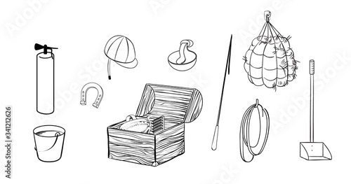 Horse info graphic poster design. Horse care supplies and tools. Vector illustration.