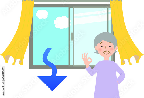 窓を開けて空気の換気をするおばあちゃんのベクターイラスト