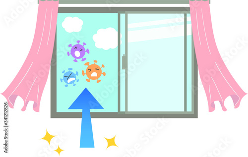 窓を開けて空気の換気をし、ウイルスを追い出すベクターイラスト