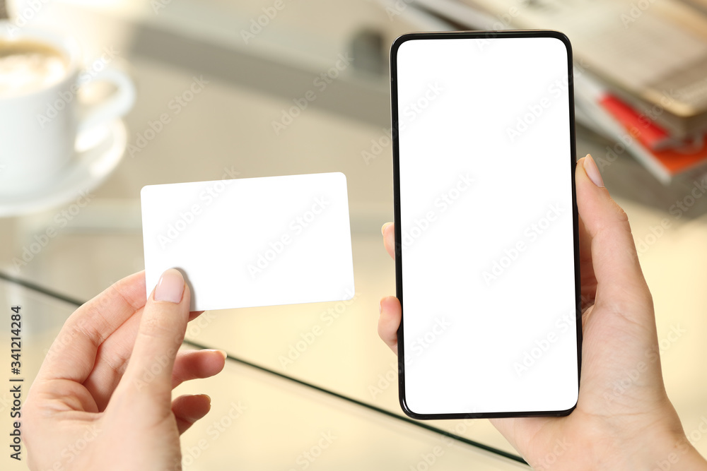 Woman hands holding credit card and blank phone screen - obrazy, fototapety, plakaty 