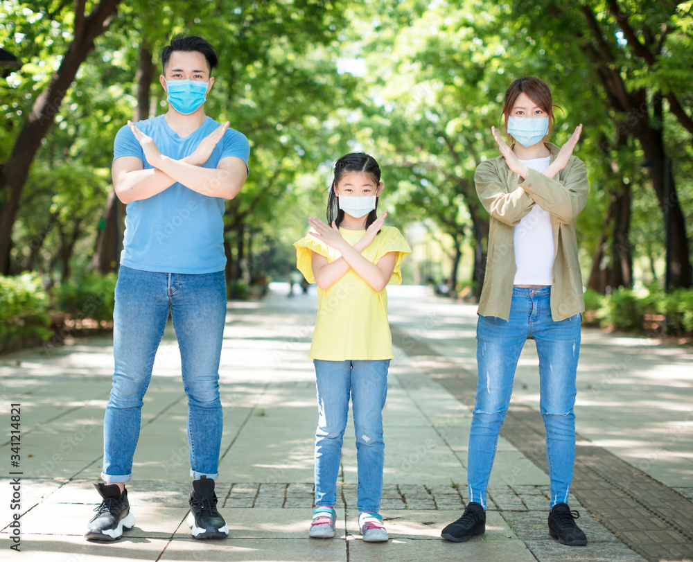 family showing no sign gesture  and wearing mask during coronavirus emergency
