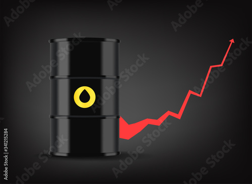 Oil price graphic. Black metal barrel with oil. Growing business