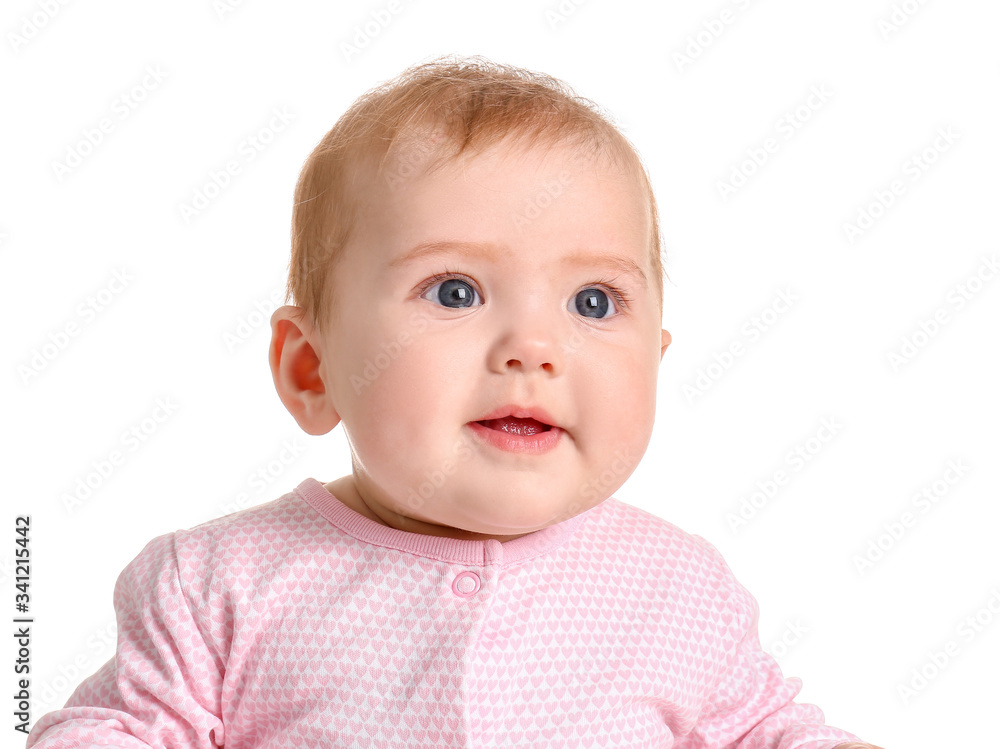 Cute baby in stylish clothes on white background Cute baby in stylish clothes on white background