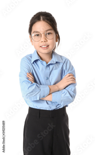 Cute little businesswoman on white background