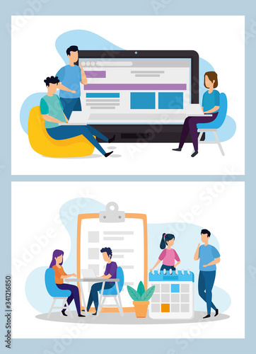 set scenes of coworking with icons vector illustration design