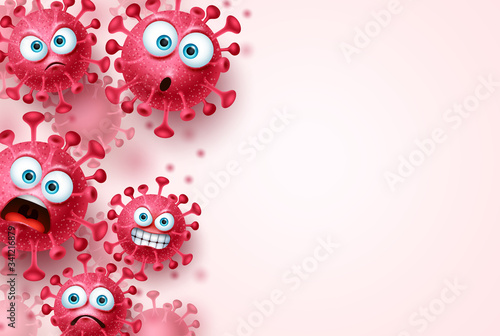 Covid-19 corona virus vector template background. Ncov corona virus background with scary and angry covid19 emojis and emoticons and empty blank space for text. Vector illustration.
