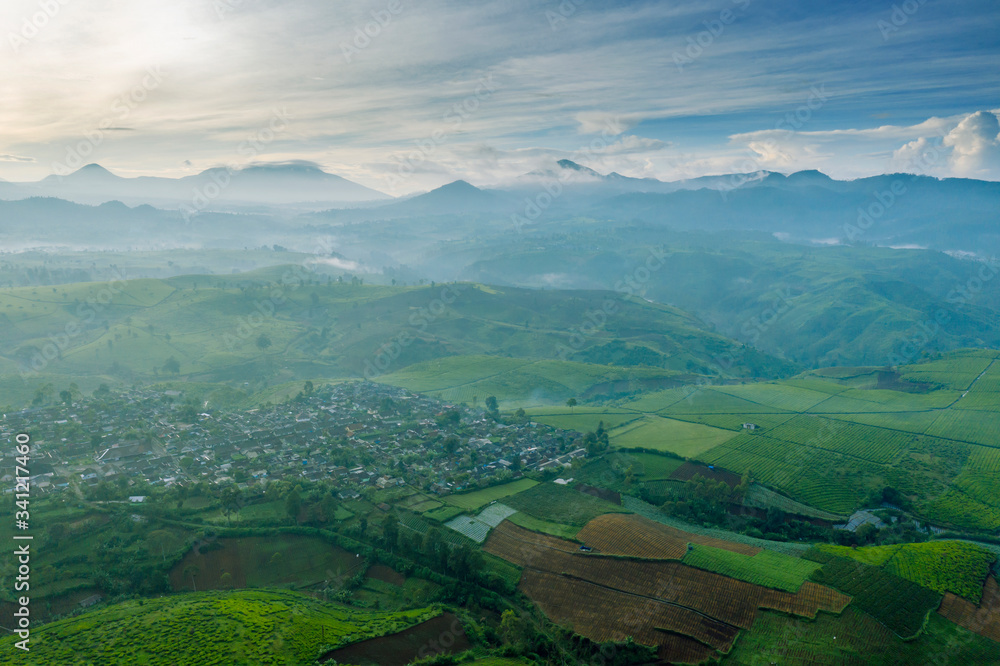 Obraz premium Village and tea plantation on misty morning