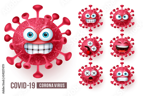 Corona virus emoticons vector set. Covid19 corona virus emoticons or emojis with angry and scary facial expressions in white background. Vector illustration.
