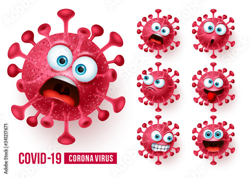 Covid19 corona virus emojis vector set. Covid-19 coronavirus emojis and emoticons with scary and angry facial expressions in white background. Vector illustration.
 photo