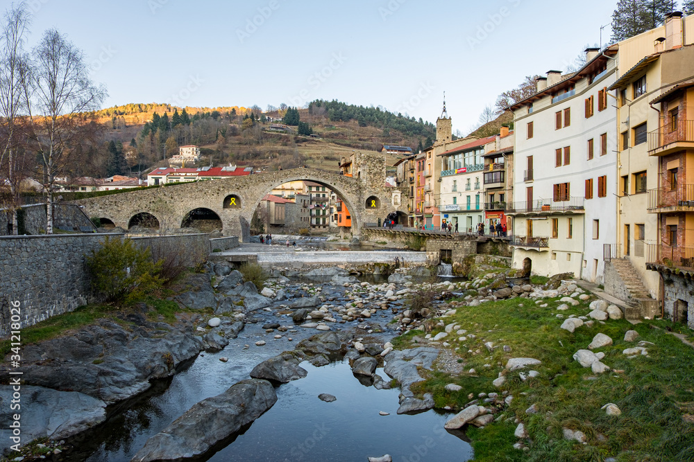Medieval bridge in Camprodon town, Gerona, Spain.