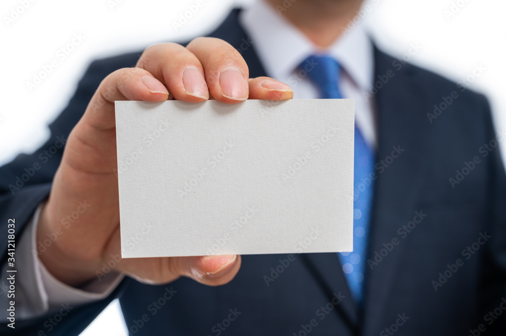 Business concepts. Businessman showing blank business card isolated on white background. Business concepts. Businessman showing blank business card isolated on white background.