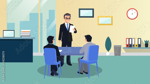 Business man teacher giving employee people lecture or presentation in office. Boss explaining strategy using paper. Conference flat vector illustration.