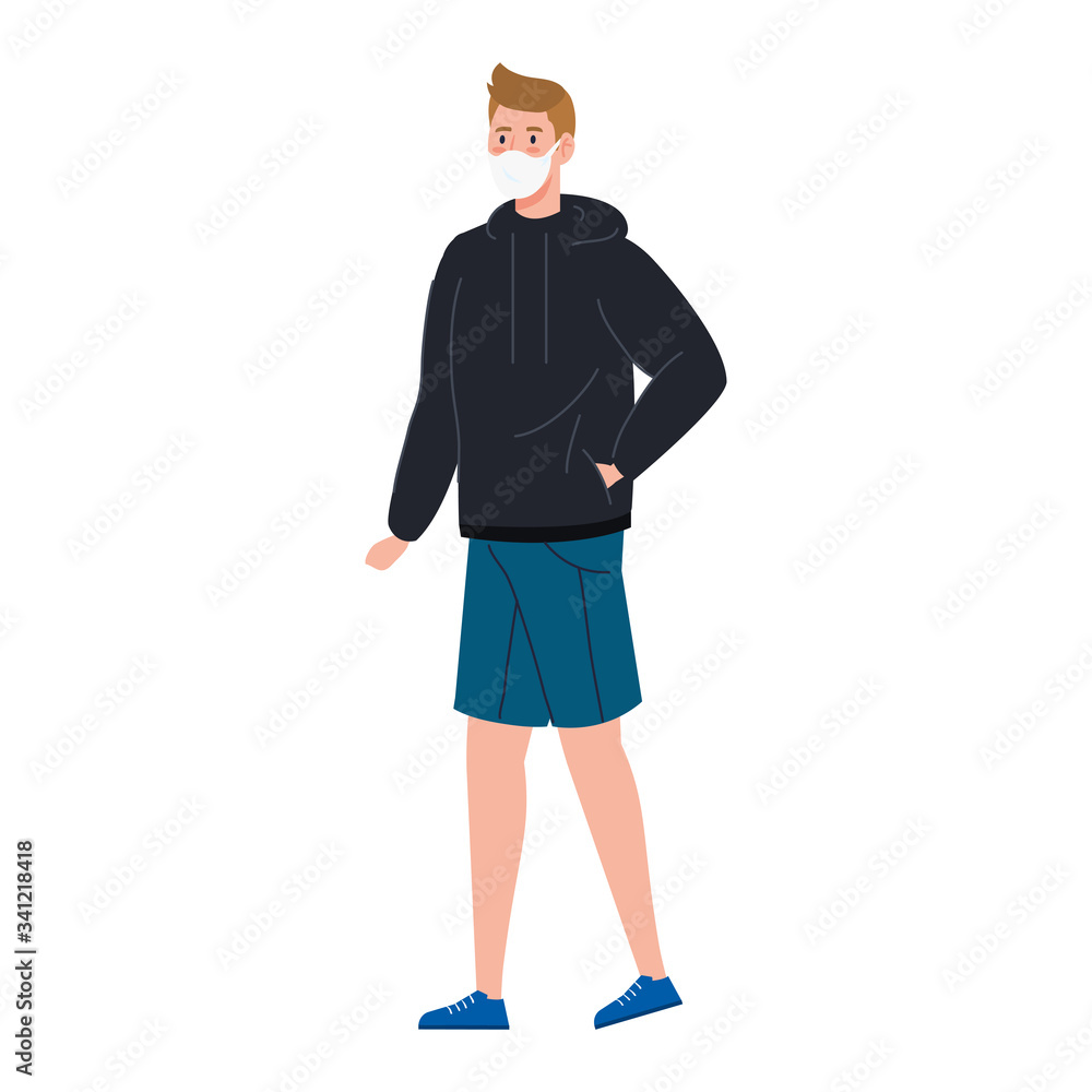 young man walking with face mask isolated icon vector illustration design young man walking with face mask isolated icon vector illustration design