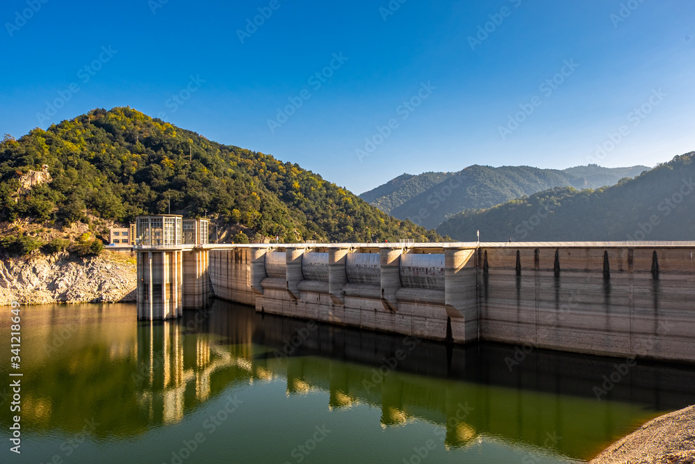 Dam at swamp Ter river in Sau reservoir, Catalonia, Spain.